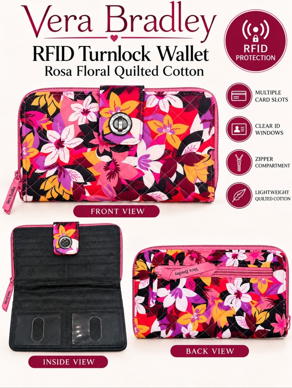 Vera Bradley Quilted Rosa Flora Turnlock Wallet